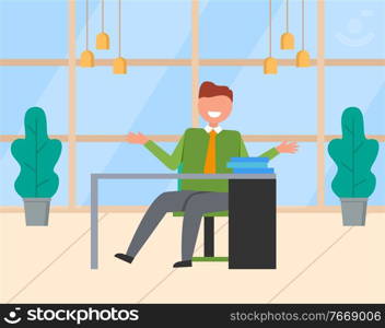 Smiling worker character sitting at table with documents, paperwork on workplace. Businessman working with documents in office, l&s and plants vector. Businessman Working with Documents, Office Vector