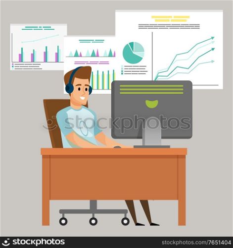 Smiling worker man using computer, screen or board with chart report, success and rising graph, employee in headset using pc on workplace, statistic vector. Employee Working with PC, Chart Report Vector