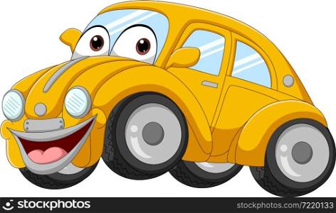 Smiling yellow car cartoon on white background