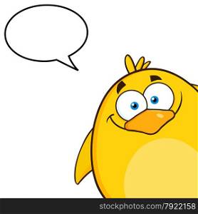 Smiling Yellow Chick Cartoon Character Looking From A Corner With Speech Bubble