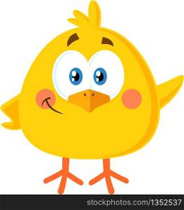 Smiling Yellow Chick Cartoon Character Waving For Greeting. Vector Illustration Flat Design Isolated On White Background