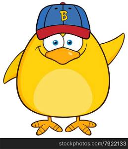 Smiling Yellow Chick Cartoon Character With Baseball Hat Waving