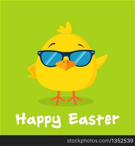 Smiling Yellow Chick Cartoon Character With Sunglasses Waving For Greeting. Vector Illustration Flat Design With Background And Text Happy Easter