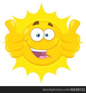 Smiling Yellow Sun Cartoon Emoji Face Character Giving Two Thumbs Up. Illustration Isolated On White Background