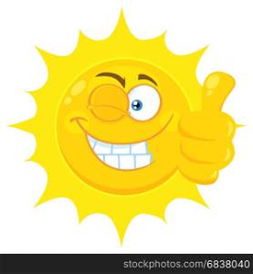 Smiling Yellow Sun Cartoon Emoji Face Character With Wink Expression Giving A Thumb Up. Illustration Isolated On White Background