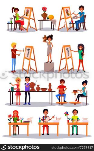 Smiling young artists and their artworks isolated vector illustration on white background. Cartoon style boys and girls doing what they like. Joyful Young Artists Isolated Cartoon Illustration