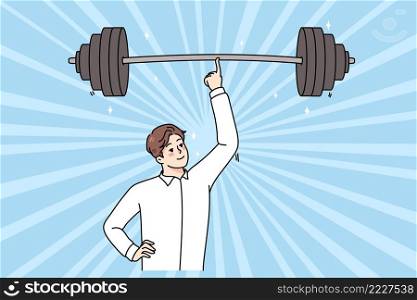 Smiling young businessman hold heavy barbell on finger show power and strength. Happy powerful confident man employee demonstrate success and leadership. Flat vector illustration. . Businessman hold heavy barbell on finger 