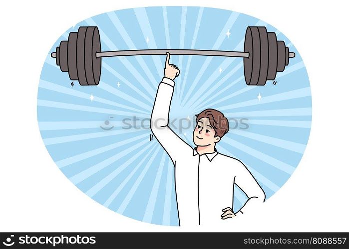 Smiling young businessman hold heavy barbell on finger show power and strength. Happy powerful confident man employee demonstrate success and leadership. Flat vector illustration.. Businessman hold heavy barbell on finger
