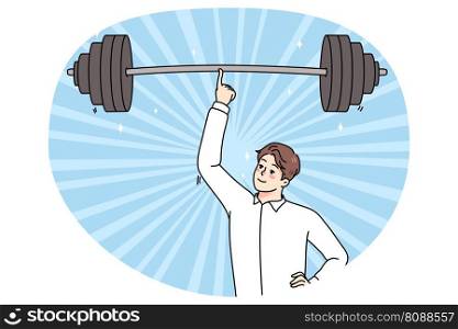 Smiling young businessman hold heavy barbell on finger show power and strength. Happy powerful confident man employee demonstrate success and leadership. Flat vector illustration.. Businessman hold heavy barbell on finger