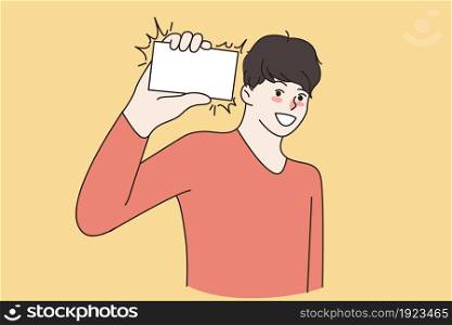 Smiling young businessman show business card to client or customer. Happy man employee suggest businesscard, exchange contact information with partner. Flat vector illustration. . Smiling businessman stretch hand with business card to client