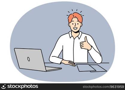 Smiling young businessman sit at office desk work on computer show thumb up. Smiling male employee recommend good workplace or company. Vector illustration.. Smiling man at office desk show thumb up