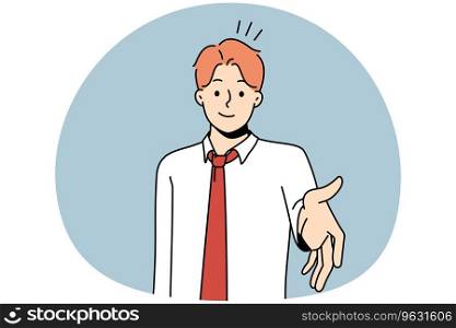 Smiling young businessman stretch hand for handshake with business client or partner. Male employee handshake customer. Greeting or acquaintance. Vector illustration.. Smiling businessman stretch hand for handshake