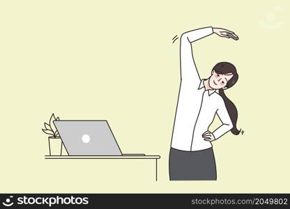 Smiling young businesswoman do gymnastics near computer at workplace. Happy female employee or worker stretch exercise in office, tired of sedentary lifestyle. Flat vector illustration. . Businesswoman do gymnastics train at workplace desk