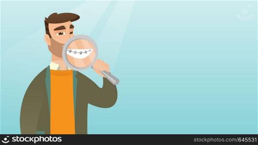 Smiling young caucasian man holding a magnifying glass in front of teeth and showing his teeth with braces. Vector flat design illustration. Horizontal layout.. Man examining her teeth with a magnifier.
