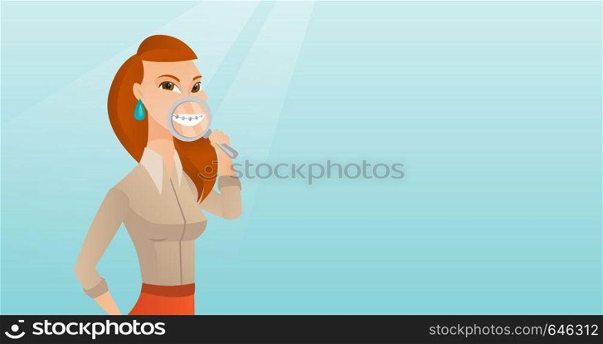 Smiling young caucasian woman holding a magnifying glass in front of teeth and showing his teeth with braces. Vector flat design illustration. Horizontal layout.. Woman examining her teeth with a magnifier.