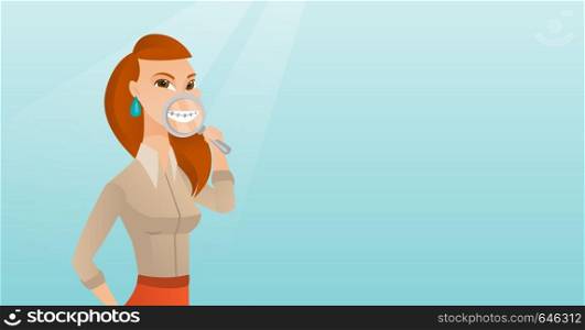 Smiling young caucasian woman holding a magnifying glass in front of teeth and showing his teeth with braces. Vector flat design illustration. Horizontal layout.. Woman examining her teeth with a magnifier.