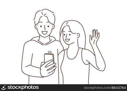 Smiling young couple talk on video call on cellphone. Happy man and woman wave with hand greeting talking on webcam on smartphone. Vector illustration. . Smiling couple talking on video call on cell