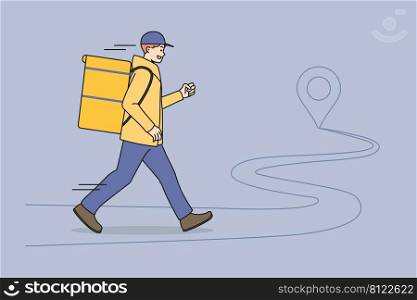 Smiling young courier guy with box deliver dinner or lunch to client. Happy deliveryman in hurry delivering order to customer. Fast express delivery service concept. Vector illustration. . Smiling delivery guy with order rush to client 