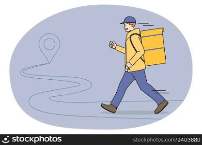 Smiling young courier guy with box deliver dinner or lunch to client. Happy deliveryman in hurry delivering order to customer. Fast express delivery service concept. Vector illustration.. Smiling delivery guy with order rush to client