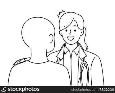Smiling young doctor in uniform talk with bald cancer patient about good result. Happy female medical specialist consult client with oncology. Vector illustration. . Smiling doctor help talk with cancer patient 