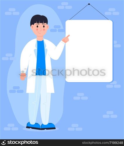 Smiling young doctor or scientist shows his hand on blank board, paper, poster. Copy space for add text, medical information concept vector. Laboratory lesson in empty white board and screen. Smiling young doctor or scientist shows his hand on blank board, paper, poster. Copy space for add text, medical information concept vector. Laboratory lesson in empty white board