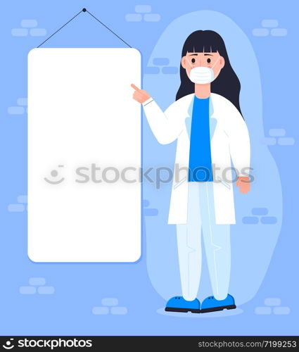 Smiling young doctor or scientist shows his hand on blank board, paper, poster. Copy space for add text, medical information concept vector. Laboratory lesson in empty white board and screen. Smiling young doctor or scientist shows his hand on blank board, paper, poster. Copy space for add text, medical information concept vector. Laboratory lesson in empty white board