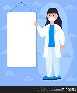 Smiling young doctor or scientist shows his hand on blank board, paper, poster. Copy space for add text, medical information concept vector. Laboratory lesson in empty white board and screen. Smiling young doctor or scientist shows his hand on blank board, paper, poster. Copy space for add text, medical information concept vector. Laboratory lesson in empty white board