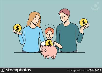 Smiling young family with child put coin into piggybank. Happy parents and small kid invest money for future. Saving and finance stability. Vector illustration.. Happy parents and child saving money in piggybank