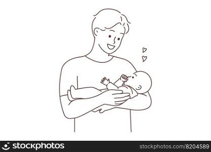 Smiling young father holding baby in arms showing love and care. Happy dad cuddle cute infant. Fatherhood and infantry. Vector illustration. . Happy father holding baby in arms 