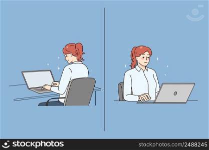 Smiling young female employee sit at desk work on computer. Woman worker use laptop for online job at workplace. Front and back view. Employment concept. Vector illustration. . Female employee work on computer on office 