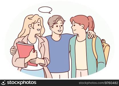 Smiling young guy flirting with female mates. Male hug talk with millennial girls in college or university. Vector illustration.. Smiling guy flirt with female mates
