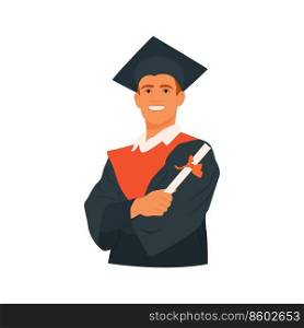 Smiling young guy student in graduation costume showing his diploma. Man graduate in mantle and academic square cap. Graduation ceremony, party. Hand drawn flat vector illustration of character
