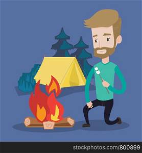 Smiling young hipster man with the beard sitting near campfire and roasting marshmallow over campfire on the background of camping site with tent. Vector flat design illustration. Square layout.. Businessman roasting marshmallow over campfire.