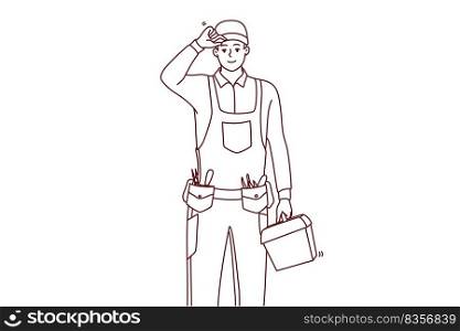 Smiling young maintenance worker in uniform with tools in hands. Happy male repairman or mechanic with box of instruments and equipment. Vector illustration.. Smiling repairman in uniform and instruments