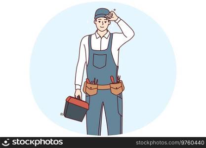 Smiling young maintenance worker in uniform with tools in hands. Happy male repairman or mechanic with box of instruments and equipment. Vector illustration.. Smiling repairman in uniform and instruments