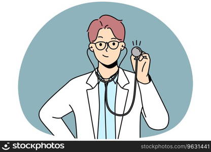 Smiling young male doctor in white medical uniform hold stethoscope ready to check or examine patient. Happy male GP or therapist checkup in hospital. Medicine. Vector illustration.. Smiling male doctor with stethoscope
