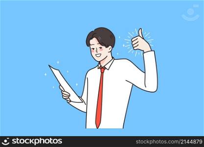 Smiling young male employee show thumb up excited with promotion offer or notice in paperwork. Happy man student triumph get good results from test. Success and leadership. Vector illustration. . Smiling man show thumb up excited with paper offer