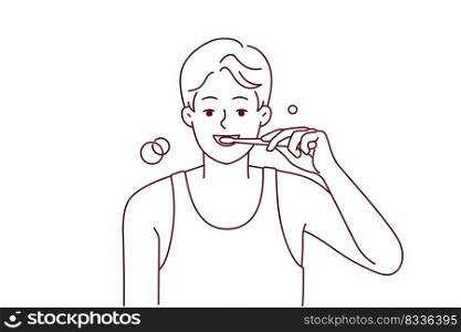 Smiling young man brushing teeth with toothbrush in morning. Happy guy do oral care daily routine in bathroom. Good habit. Vector illustration. . Smiling man brushing teeth in morning 
