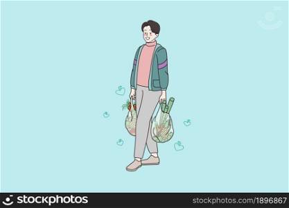 Smiling young man character with bags shopping in grocery store. Happy millennial male buy purchase food vegetables at market or shop. Healthy eating concept. Cartoon flat vector illustration.. Smiling man with bags grocery shopping in store