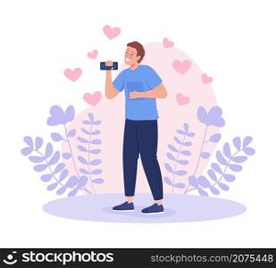 Smiling young man dancing with phone 2D vector isolated illustration. Carefree guy celebrates relationship beginning flat character on cartoon background. Having success on dating site colourful scene. Smiling young man dancing with phone 2D vector isolated illustration