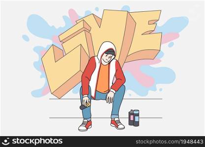Smiling young man drawing painting graffiti with spray paint on street. Millennial generation z guy hipster make outdoor art. Hobby, artistic, subculture concept. Flat vector illustration.. Happy millennial man drawing graffiti on street wall