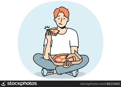 Smiling young man eating delicious pizza. Happy guy enjoy tasty Italian food sitting on floor. Nutrition and takeaway delivery. Vector illustration.. Smiling man eating pizza