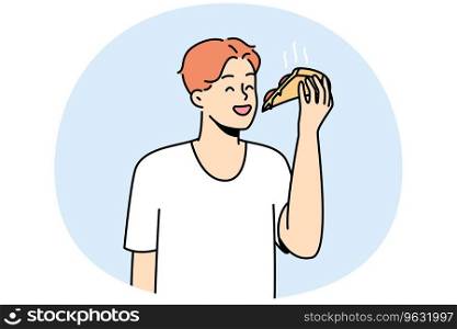 Smiling young man eating slice of pizza. Happy guy enjoy delicious Italian fast food. Cuisine concept. Vector illustration.. Smiling man eating pizza