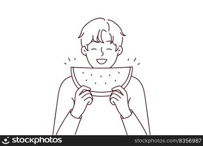 Smiling young man eating watermelon. Happy guy enjoy slice of fresh fruit. Nutrition and summer fruit. Vector illustration. . Smiling man eating watermelon 