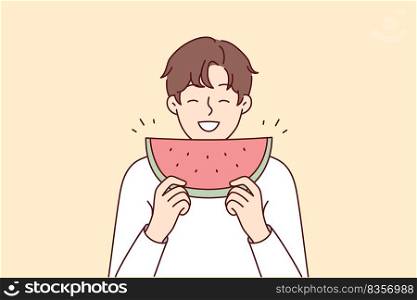 Smiling young man eating watermelon. Happy guy enjoy slice of fresh fruit. Nutrition and summer fruit. Vector illustration. . Smiling man eating watermelon 