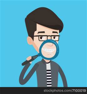 Smiling young man holding a magnifying glass in front of his teeth. Caucasian man examining his teeth with magnifier. Concept of teeth examining. Vector flat design illustration. Square layout.. Man brushing his teeth vector illustration.