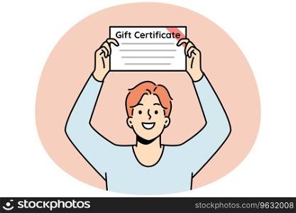 Smiling young man holding gift certificate in hands. Happy guy with paperwork document for present. Vector illustration.. Smiling young man with gift certificate in hands