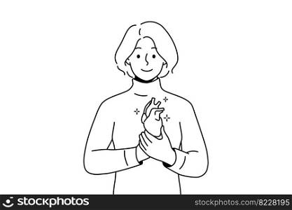 Smiling young man holding heart in hands. Happy female demonstrate healthy heart. Cardiovascular problem and healthcare. Vector illustration. . Smiling woman holding heart in hands