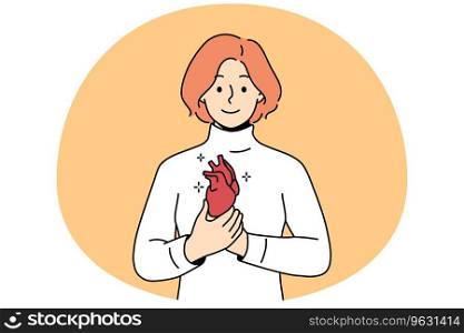 Smiling young man holding heart in hands. Happy female demonstrate healthy heart. Cardiovascular problem and healthcare. Vector illustration.. Smiling woman holding heart in hands