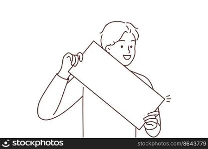 Smiling young man holding huge dollar bill in hands celebrate lottery win. Happy guy excited with money profit or income. Wellness and finances. Vector illustration. . Smiling man with huge dollar bill 